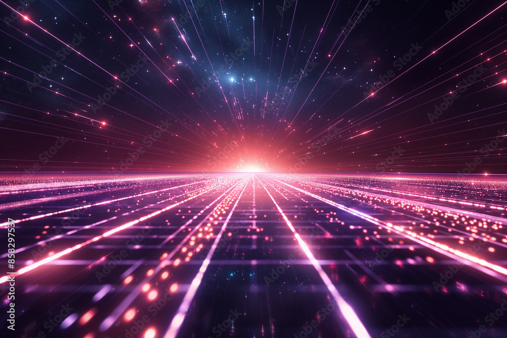 Neon-colored lines grid runway disappeared in the distance technology background Neon-colored lines grid runway disappeared in the distance technology background