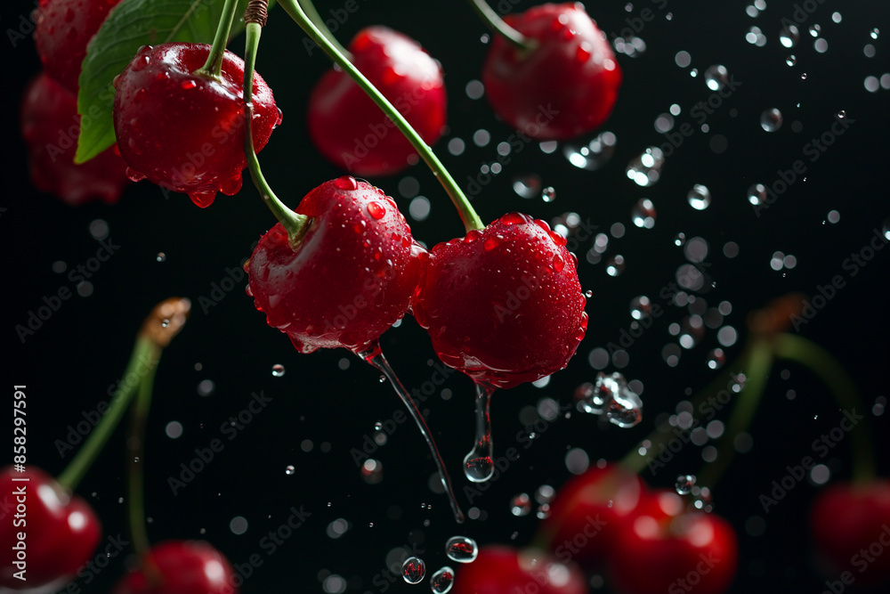 Falling cherries and splashing water on a black background Falling cherries and splashing water on a black background