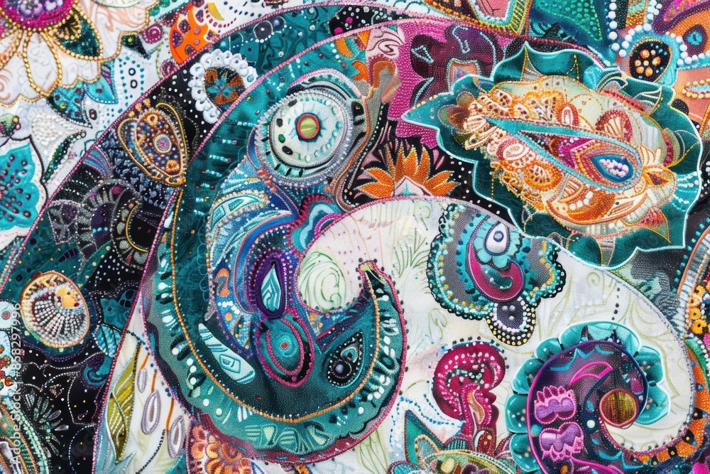 Fototapeta premium Vibrant Paisley Swirls, Multicolored paisley patterns with intricate details, Energetic Decorative Art Psychedelic Paisley Design, Bold and colorful paisley motifs with dynamic shapes, Lively Textile 