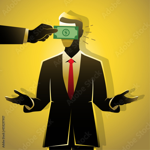 A businessman wearing suit blinded with money