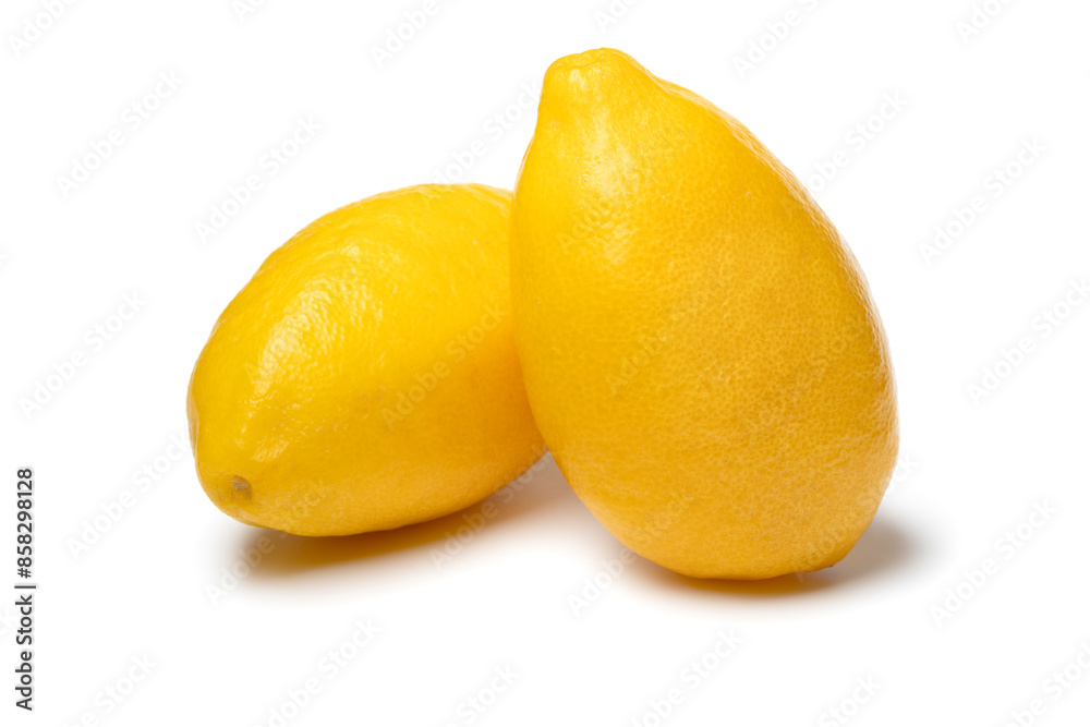 Pair of fresh ripe yellow lemon snack isolated white background close up Pair of fresh ripe yellow lemon snack isolated white background close up