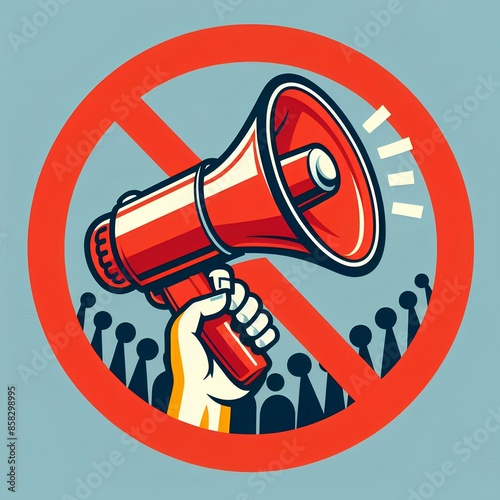 Vector illustration depicting prohibition through a red loudspeaker, symbolizing restrictions on public activities.