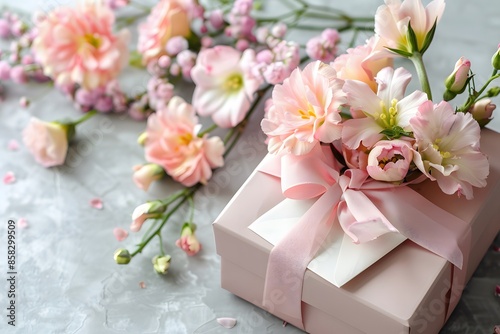  Fresh flowers and a pastel pink envelope inside a gift box. Prepare women's day gifts. Copy space with front view