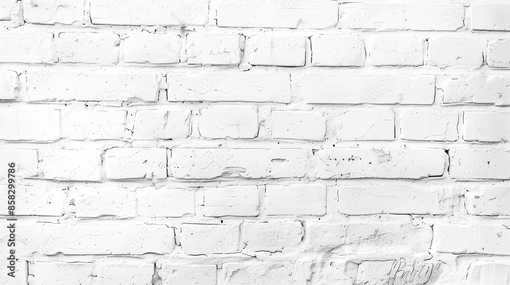 Fototapeta premium A white brick wall with a few cracks. The wall is very plain and simple. It is a very basic and simple design