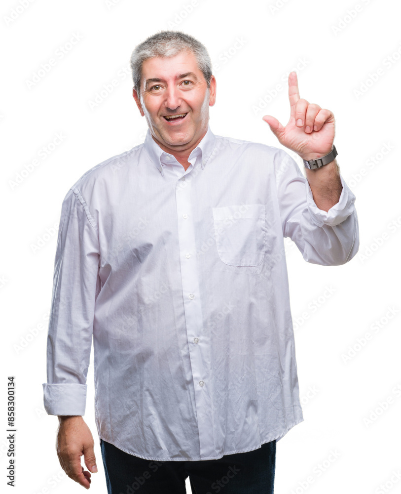 Handsome senior man over isolated background pointing finger up with successful idea. Exited and happy. Number one. Handsome senior man over isolated background pointing finger up with successful idea. Exited and happy. Number one.