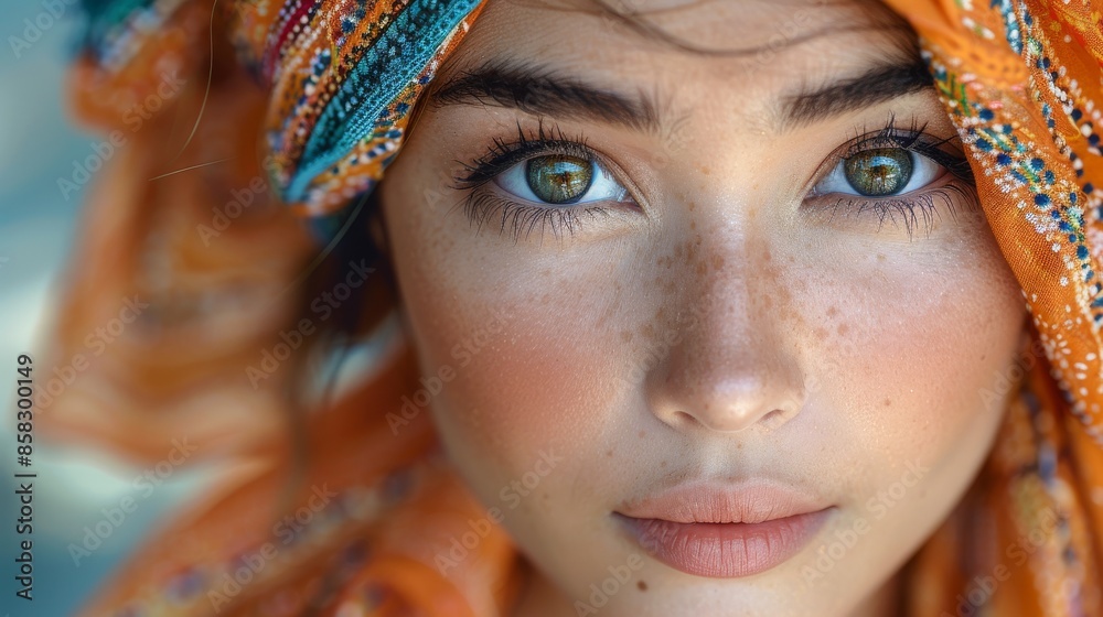 A striking close-up portrait of a young woman with freckles, wearing a vibrant, colorful headscarf, showcasing her captivating green eyes and natural beauty.