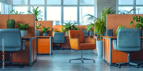 1970s or 1980s office cubicles with retro decor and furniture. Concept Vintage Workspaces, Retro Office Design, 1970s Decor, Nostalgic Cubicles, 80s Office Aesthetics photo