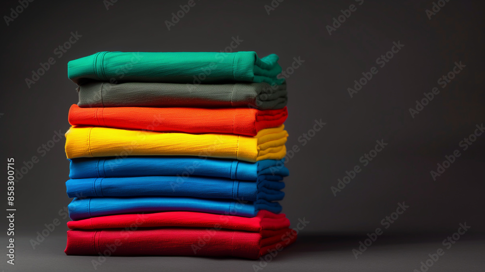 A stack of neatly folded colorful T-shirts A stack of neatly folded colorful T-shirts