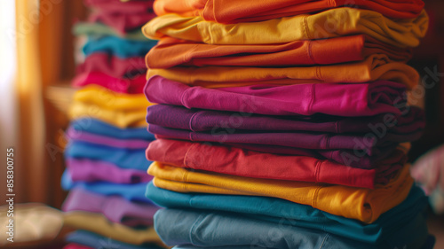 A stack of neatly folded colorful T-shirts © mittpro