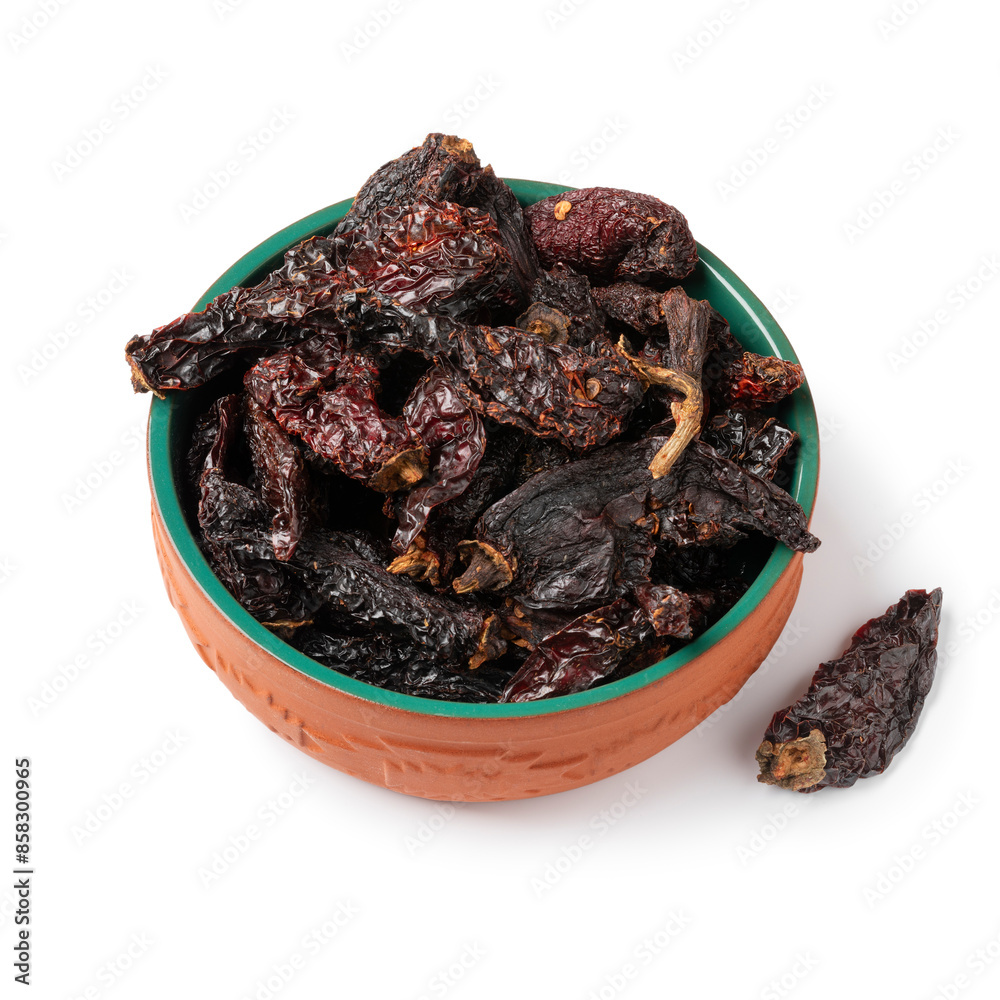 Bowl with smoked Mexican chile chipotle Morita pepper isolated on white background close up Bowl with smoked Mexican chile chipotle Morita pepper isolated on white background close up