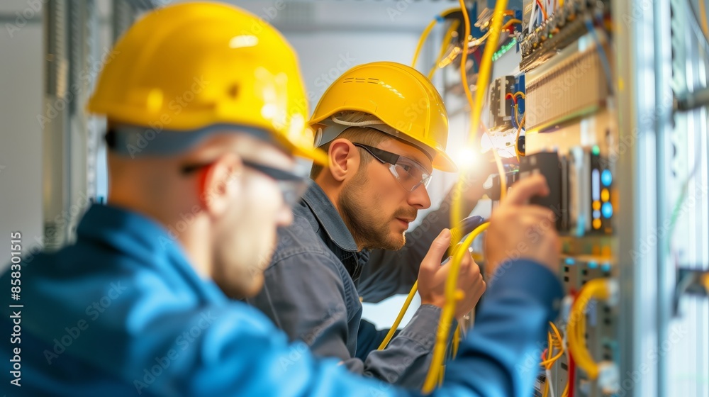 electrician and engineer work on an electrical circuit with many cables for communication and data transfer electrician and engineer work on an electrical circuit with many cables for communication and data transfer