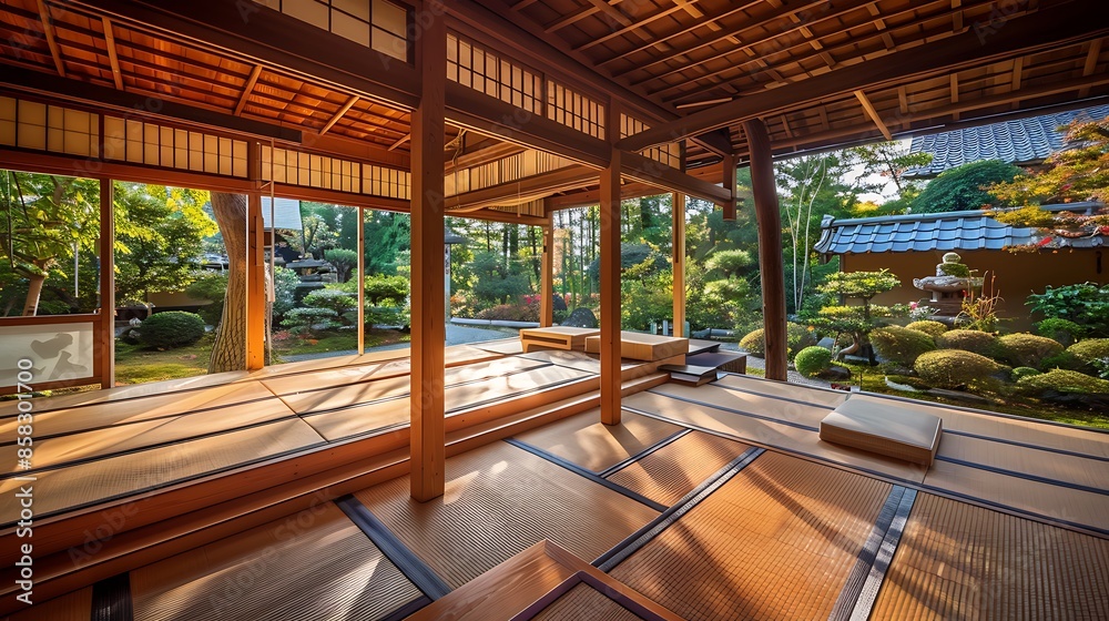 traditional tea house with wooden structures, tatami mats, and a tranquil garden view