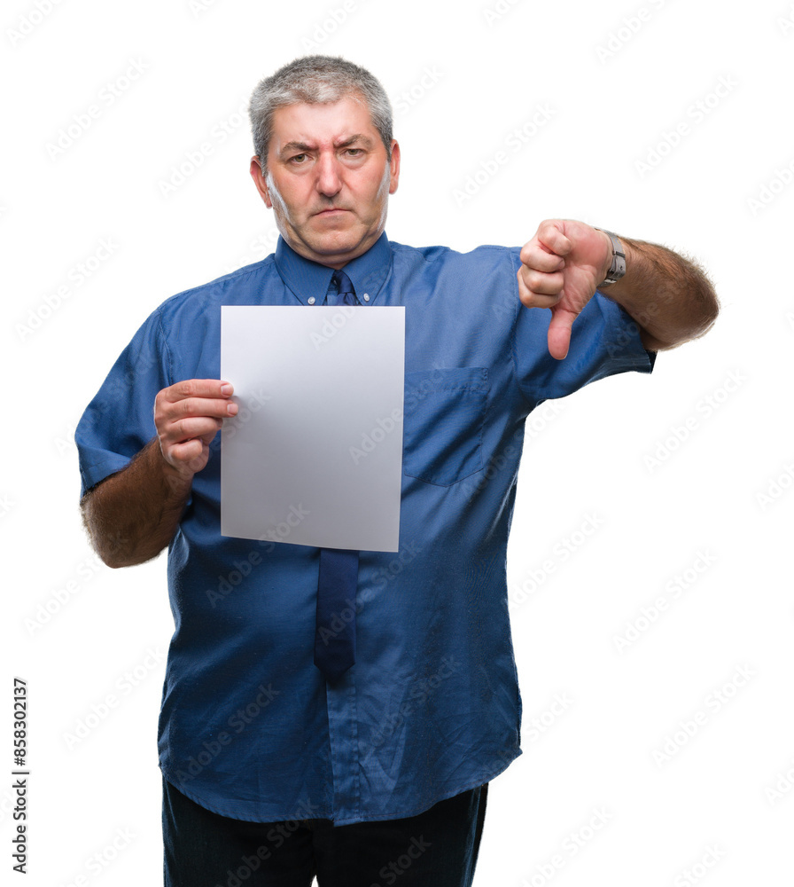 Handsome senior man holding blank sheet paper over isolated background with angry face, negative sign showing dislike with thumbs down, rejection concept Handsome senior man holding blank sheet paper over isolated background with angry face, negative sign showing dislike with thumbs down, rejection concept
