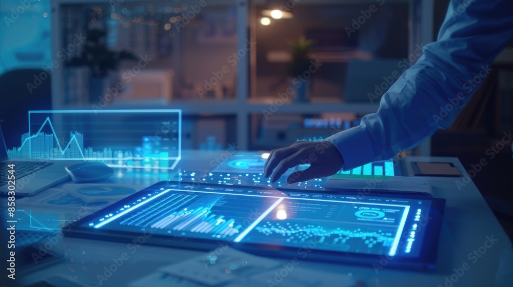 A woman is working on a computer with a lot of graphs and numbers on the screen A woman is working on a computer with a lot of graphs and numbers on the screen
