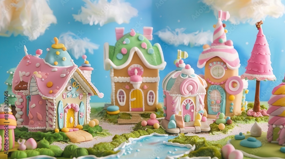 Enchanting cake houses featuring colorful layers and frosting details Enchanting cake houses featuring colorful layers and frosting details