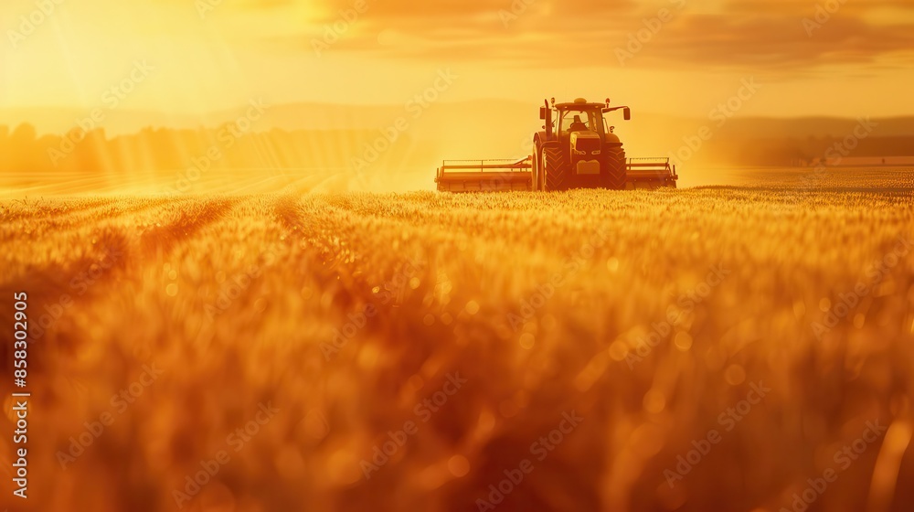Fototapeta premium Tractor plowing field close up, focus on, copy space Golden wheat fields Double exposure silhouette with crops