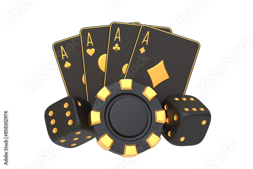 Casino set featuring a royal flush of aces, black and gold dice, and chips, set isolated on a white background. 3D render illustration