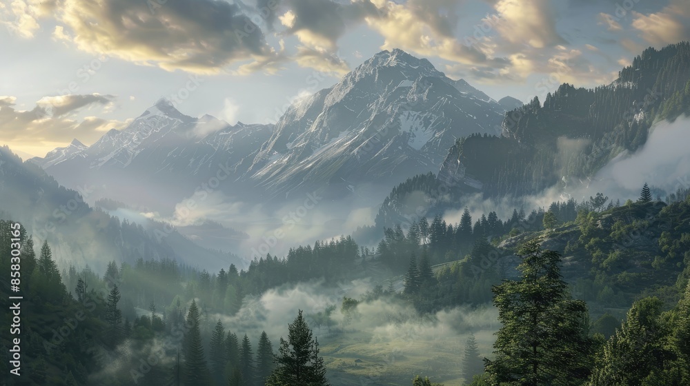 Obraz premium Mist-covered mountains under a serene sky, a tranquil and scenic vista that invites exploration.