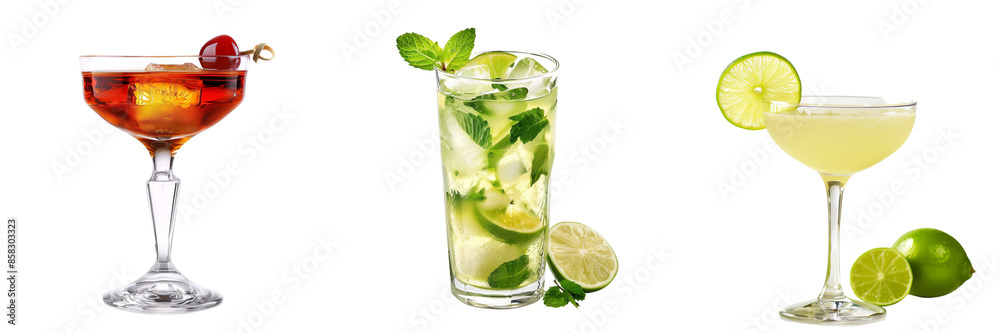 Set of cocktails. Mojito, margarita and Manhattan Set of cocktails. Mojito, margarita and Manhattan