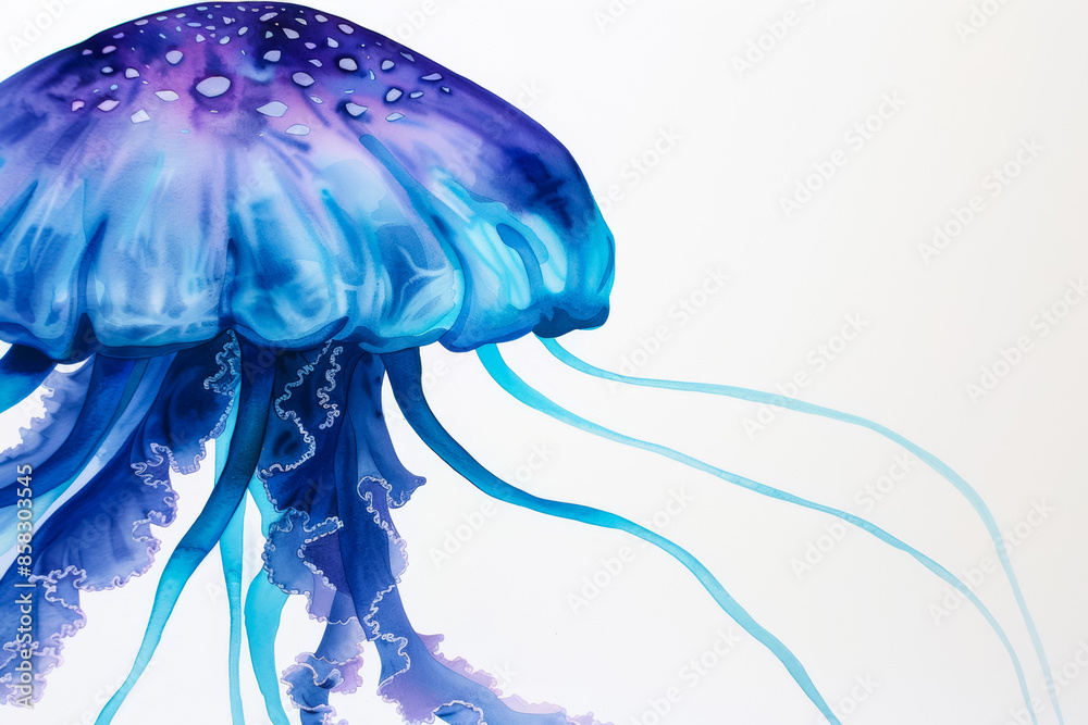 Fototapeta premium Illustration of a vibrant blue jellyfish, highlighting the common summer beach hazard of jellyfish stings