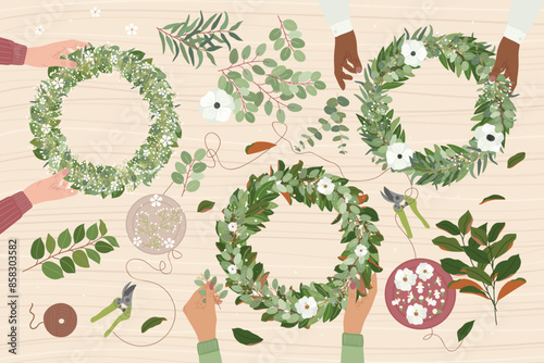 Female hands making wedding wreaths at floristic workshop with eco-friendly materials. Magnolia, eucalyptus, bay, salal leaves, anemone, gypsophila flowers. Hand drawn vector illustration