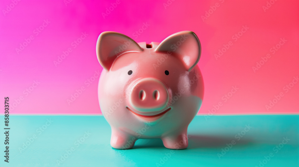 Smiling Piggy Bank on a plain colored background. Happy money. Created with Generative AI technology. Smiling Piggy Bank on a plain colored background. Happy money. Created with Generative AI technology.