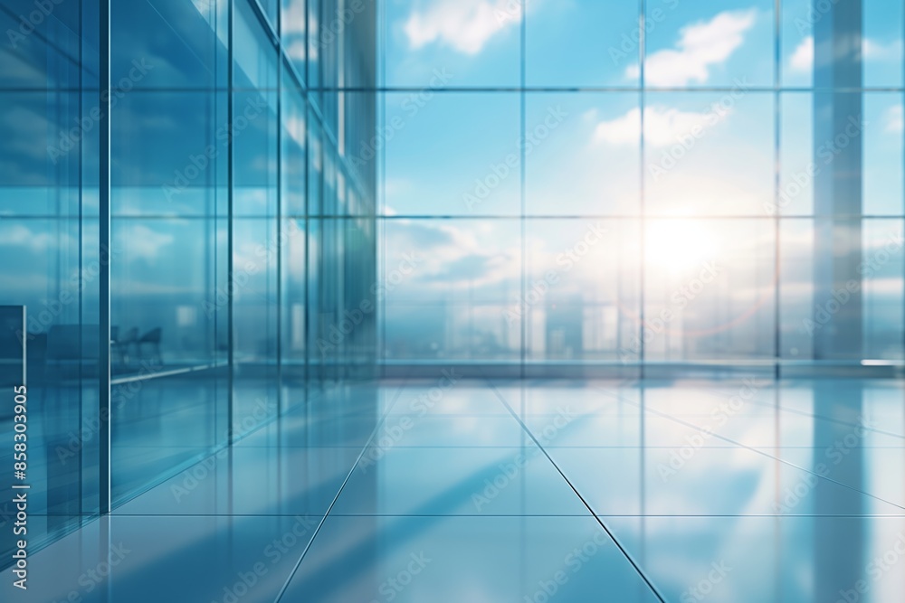 Modern Glass Office with Panoramic City View. Sunlit Empty Office Space with Large Windows Modern Glass Office with Panoramic City View. Sunlit Empty Office Space with Large Windows