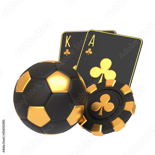 Black and gold soccer ball with two playing cards and a casino chip, symbolizing the blend of sports and gambling. 3D render illustration