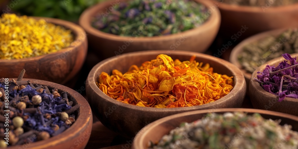 Assorted Dried Herbs and Spices in Wooden Bowls. Colorful Herbal and Spice Selection in Bowls Assorted Dried Herbs and Spices in Wooden Bowls. Colorful Herbal and Spice Selection in Bowls