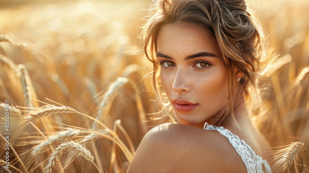 A happy young beautiful woman in a dress, strolling through a golden barley field in the evening. A wheat field at sunset. A happy young beautiful woman in a dress, strolling through a golden barley field in the evening. A wheat field at sunset.