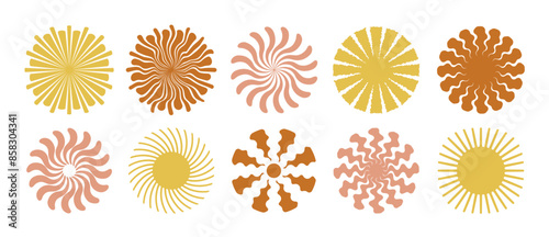 Set of retro sunburst. Wavy rays. Radial sun rays in warm beige, yellow, pink colors. Design for logo, branding, print, backdrop, background. Vector illustration