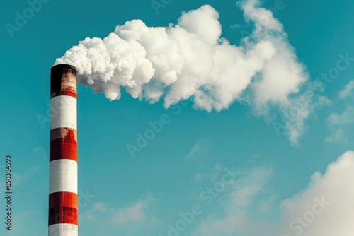 Smoke Stack. Coal Power Plant Emission Cloud with Plume Against Blue Sky photo