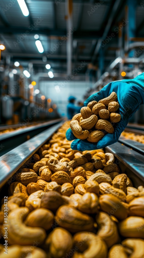 Cashew nuts being processed in a factory with a worker's gloved hand inspecting the quality on a production line. Cashew nuts being processed in a factory with a worker's gloved hand inspecting the quality on a production line.
