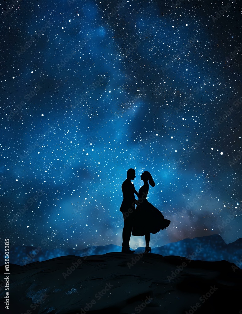 A romantic scene under a starry sky with silhouettes of a couple standing on a hill. The night sky is filled with countless stars, creating a cosmic and dreamy atmosphere.