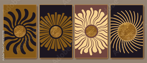 Retro sunburst.  Sun symbols. Boho modern minimalist style mirror. Design elements for decoration, logo. Wall art poster.
