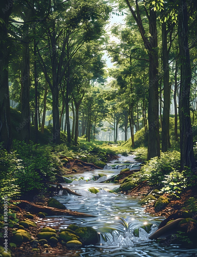 Obraz premium Stunning close-up of a serene forest stream with sunlight filtering through lush green foliage and a gentle flow of water over rocks and fallen branches. 8.5*11