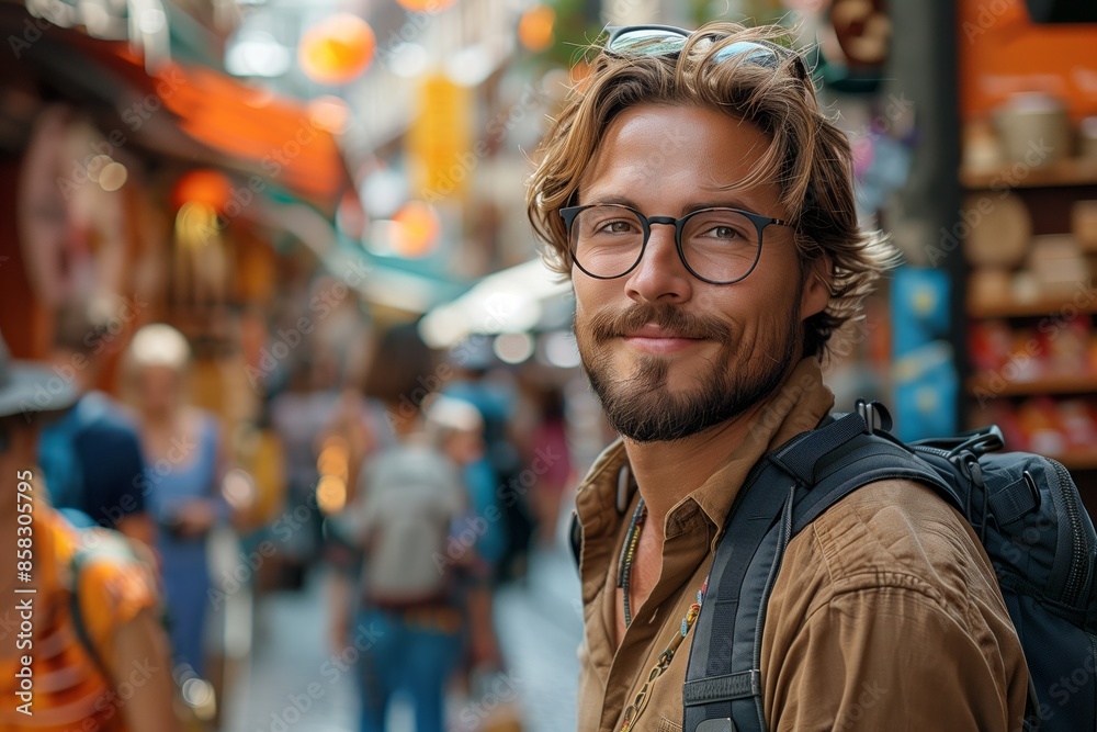 Happy Male Tourist Exploring a Busy Asian Market Happy Male Tourist Exploring a Busy Asian Market