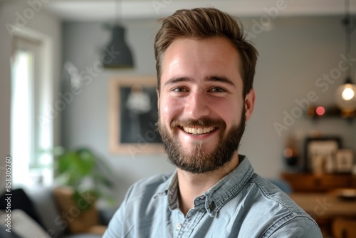 A Caucasian man poses for the camera in his own residence. An image of a content man tenant or renter in his 20s in a new house. Property, rental idea.