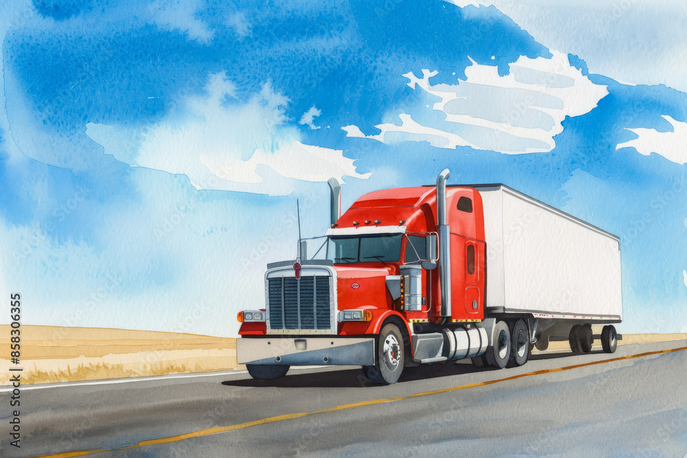 Red semi-truck driving through a deserted highway under a scorching summer sky, highlighting the challenges of hot weather transportation