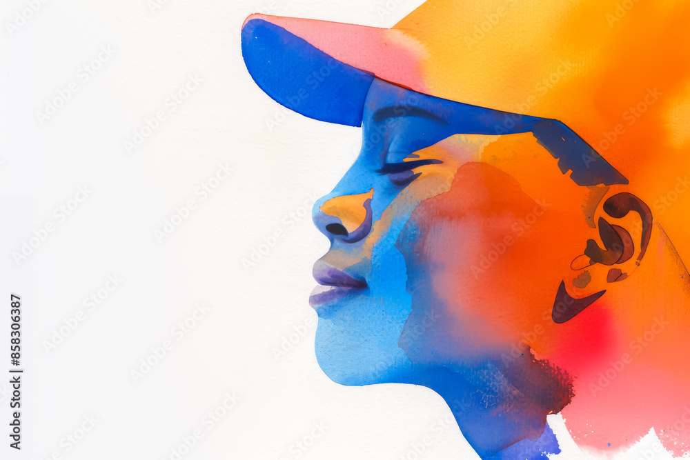 Obraz premium Colorful watercolor profile of a young African American person wearing a cap, symbolizing summer heat and sun protection