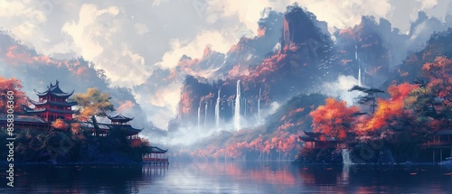 painting style illustration,  little village in rural countryside of Asia at river shore, ambient fantasy photo