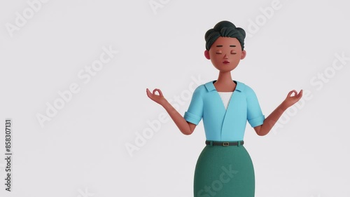 Angry, stressed business woman doing meditation, trying to calm down and relax. 3d render character animation, cartoon style. Deep breath, yoga practice. girl takes break from work