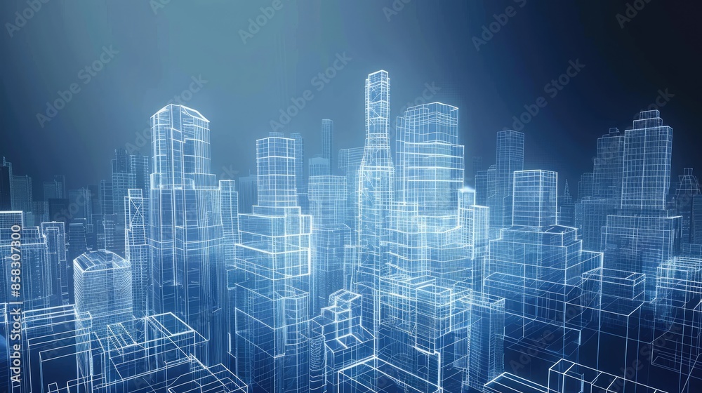 Futuristic wireframe hologram of skyscrapers from a rooftop view, illustrating the evolution of urban architecture Futuristic wireframe hologram of skyscrapers from a rooftop view, illustrating the evolution of urban architecture