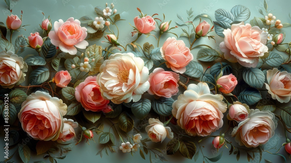 Soft Light Illuminating Delicate Pink and White Roses Surrounded by Greenery. Soft Light Illuminating Delicate Pink and White Roses Surrounded by Greenery.