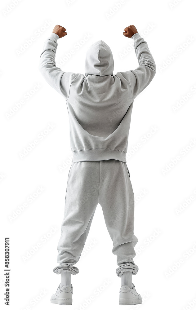 Person in white hoodie and sweatpants celebrating on white background, clean design. Generative AI Person in white hoodie and sweatpants celebrating on white background, clean design. Generative AI