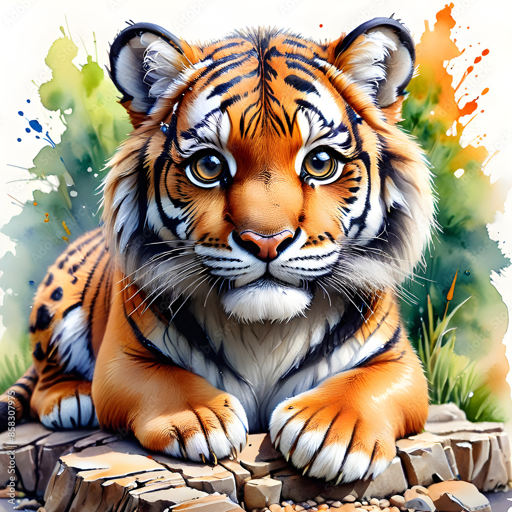 Naklejka premium watercolor illustration Bengal tiger, a powerful jungle predator with striking black and orange stripes