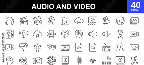 Audio and video icon set. Thin line icons set. Contains such icons as multimedia symbols, sound and music instruments, audio and video items and more. Vector illustration