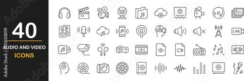 Audio and video icon set. Thin line icons set. Contains such icons as multimedia symbols, sound and music instruments, audio and video items and more. Vector illustration