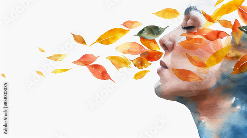 Watercolor painting of a woman's face merging with vibrant autumn leaves, symbolizing the summer-to-autumn transition and change photo