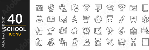 School icon set. Education and knowledge symbol. Contains such icons as education, learning, teaching, book, school, graduation cap, video tutorial and more. Vector illustration